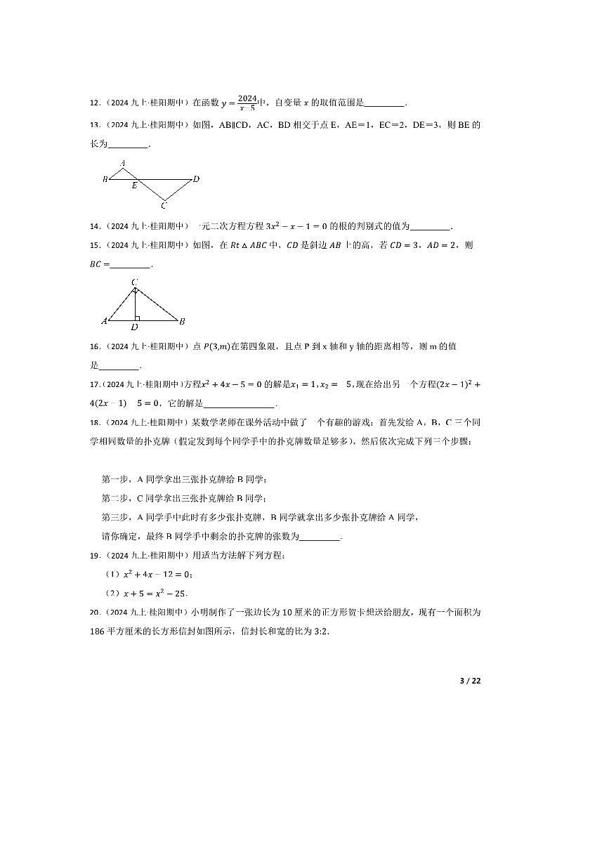 2024～2025学年湖南省郴州市桂阳县九年级上期中数学试卷第3页