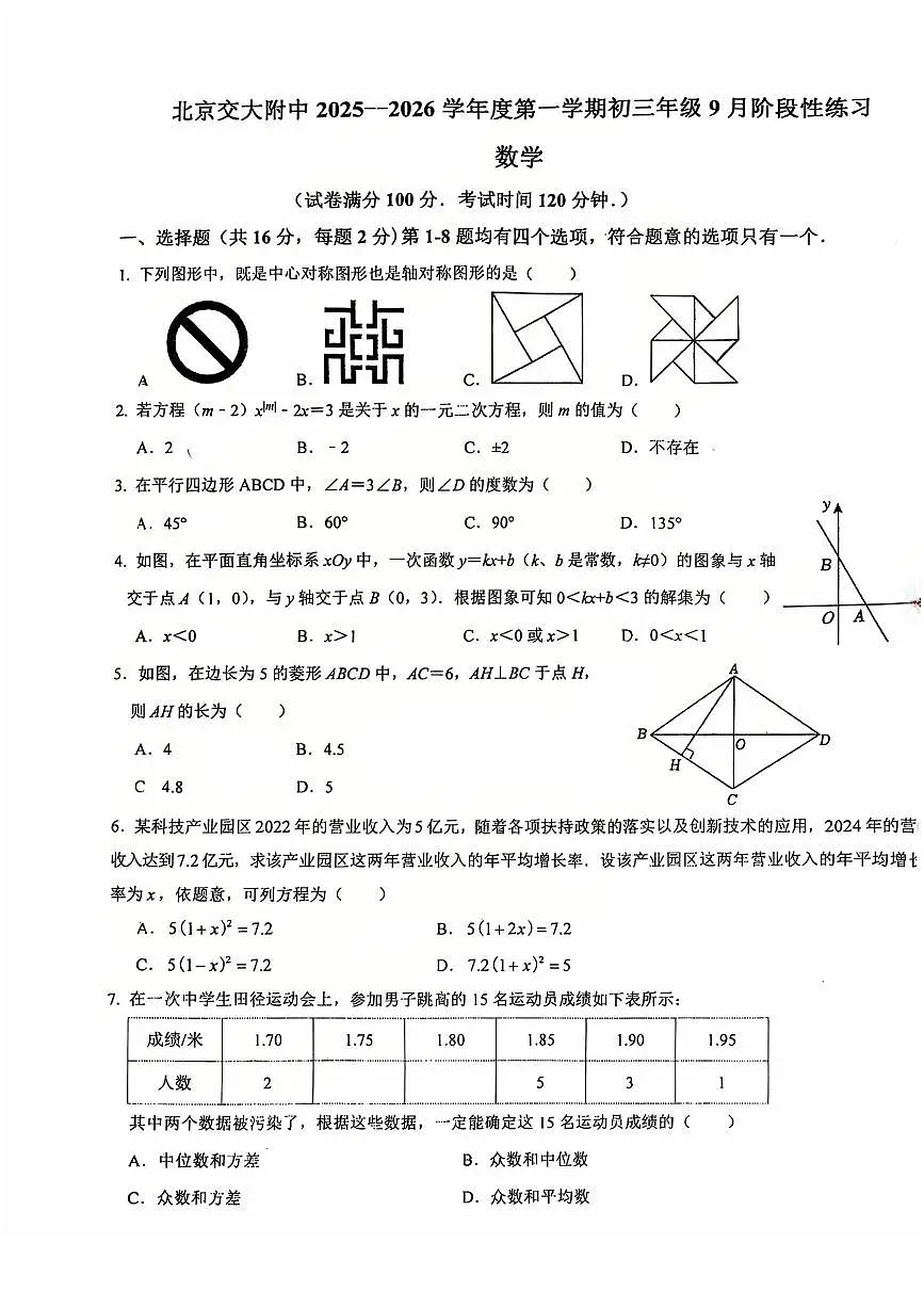 2025北京交大附中初三（上）开学考数学 有答案第1页