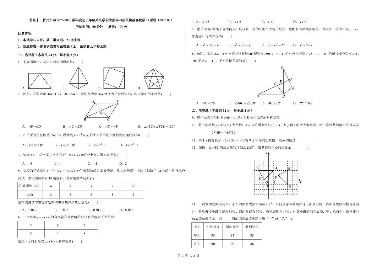 北京十一晋元中学2025-2026学年度初三年级第九学段暑假学习成果挑战赛数学II课程试卷无答案第1页