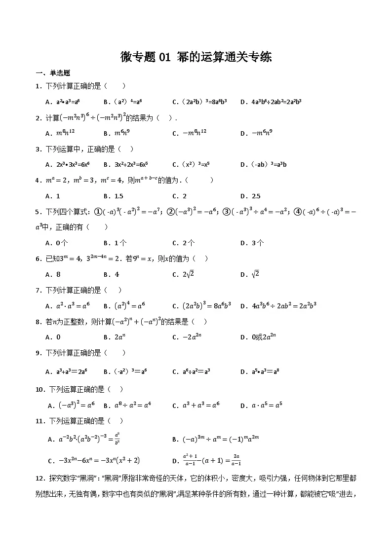 微专题01 幂的运算通关专练(原卷版）第1页