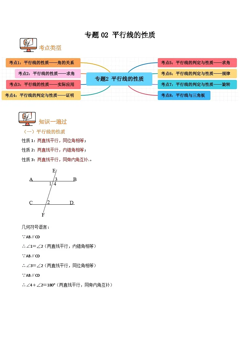 专题02 平行线的性质【八大考点+知识串讲】(解析版）第1页