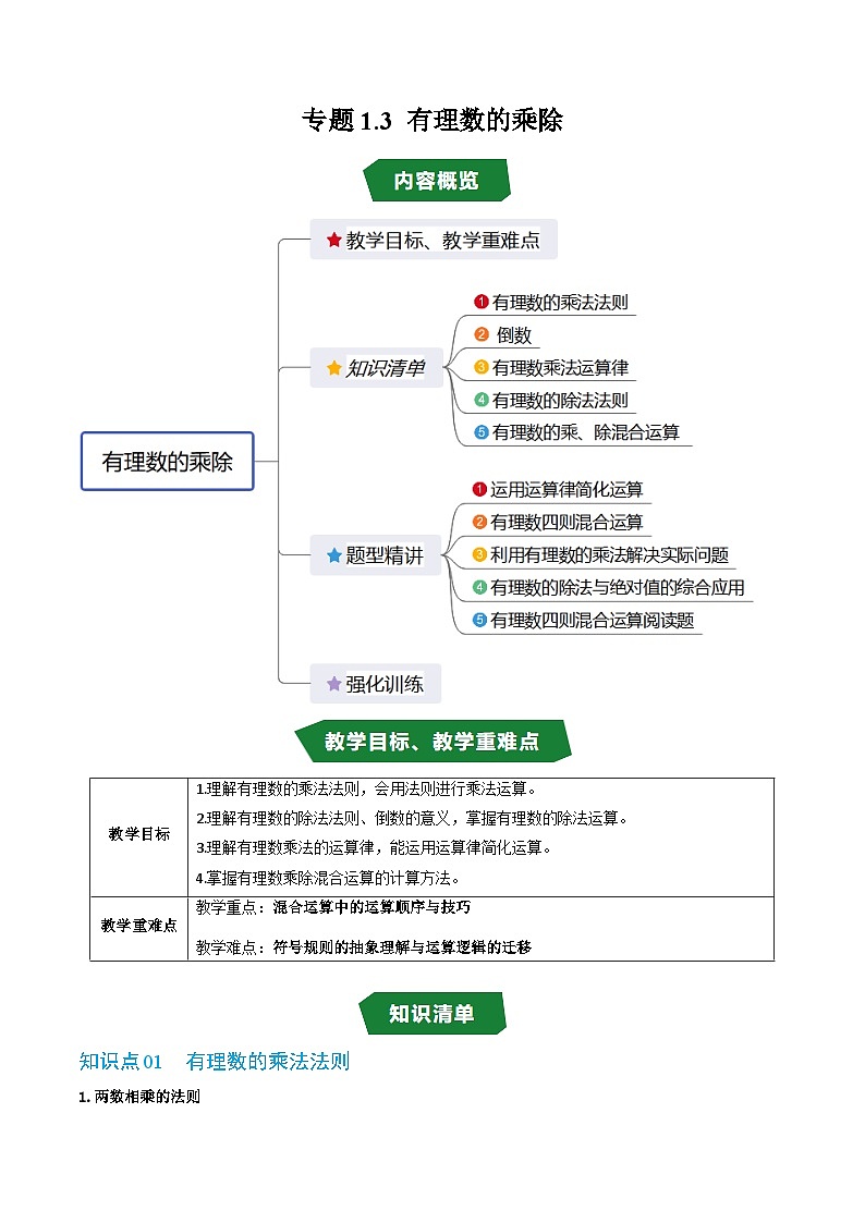 专题1.3 有理数的乘除（高效培优讲义）数学沪科版2024七年级上册（原卷版）第1页
