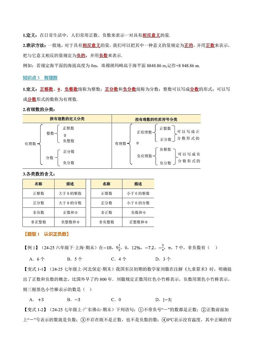 专题2.1 正数与负数、有理数的概念(讲义)(原卷版)第2页