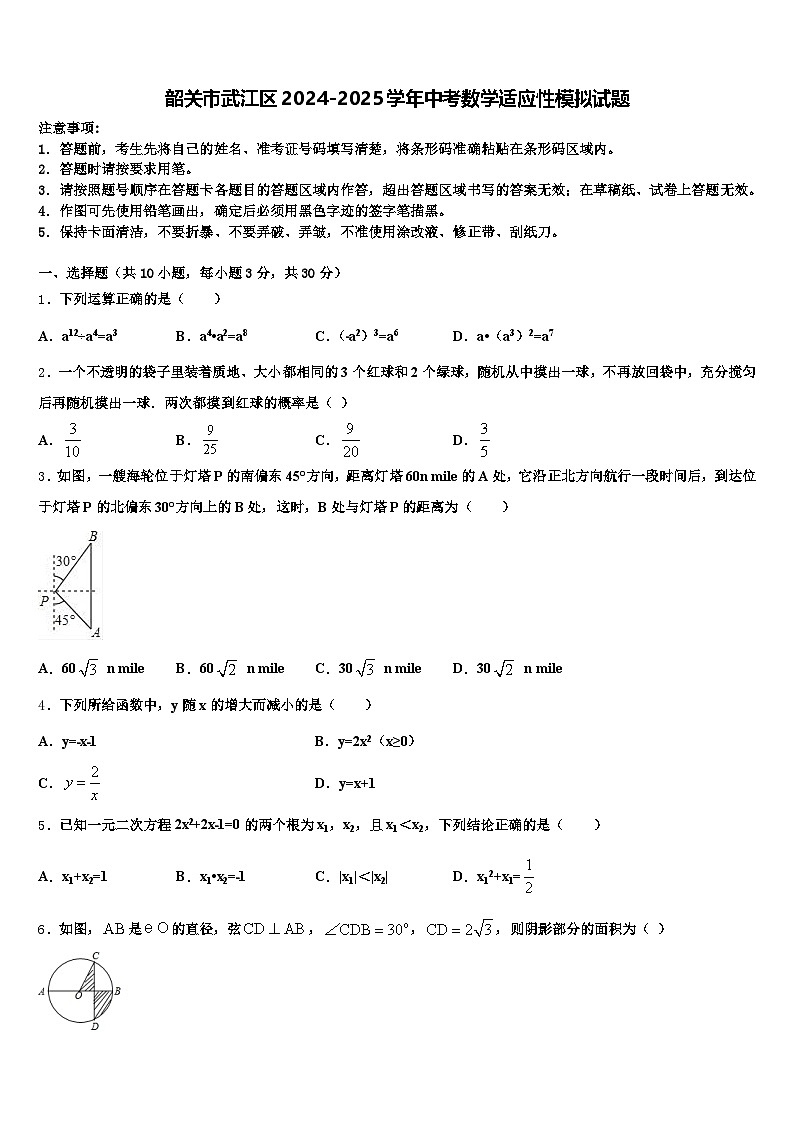 韶关市武江区2024-2025学年中考数学适应性模拟试题含解析第1页