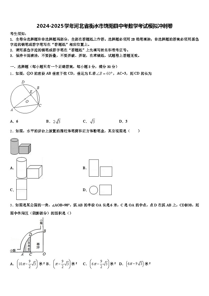 2024-2025学年河北省衡水市饶阳县中考数学考试模拟冲刺卷含解析第1页