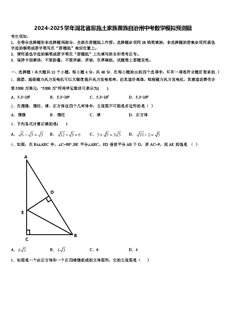 2024-2025学年湖北省恩施土家族苗族自治州中考数学模拟预测题含解析第1页