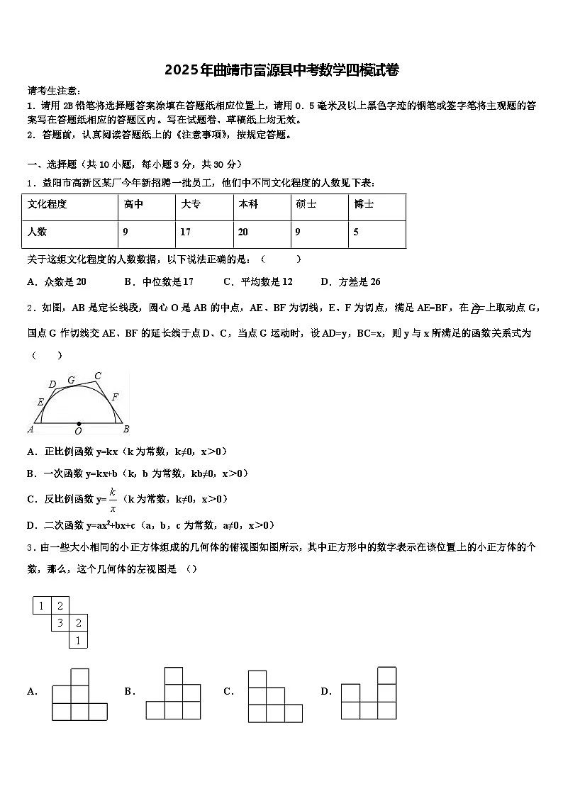 2025年曲靖市富源县中考数学四模试卷含解析第1页