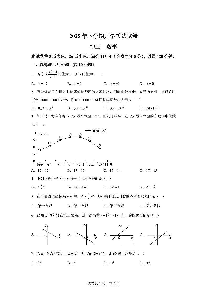2025~2026学年湖南省衡阳市船山实验中学九年级上学期入学考试数学试题第1页