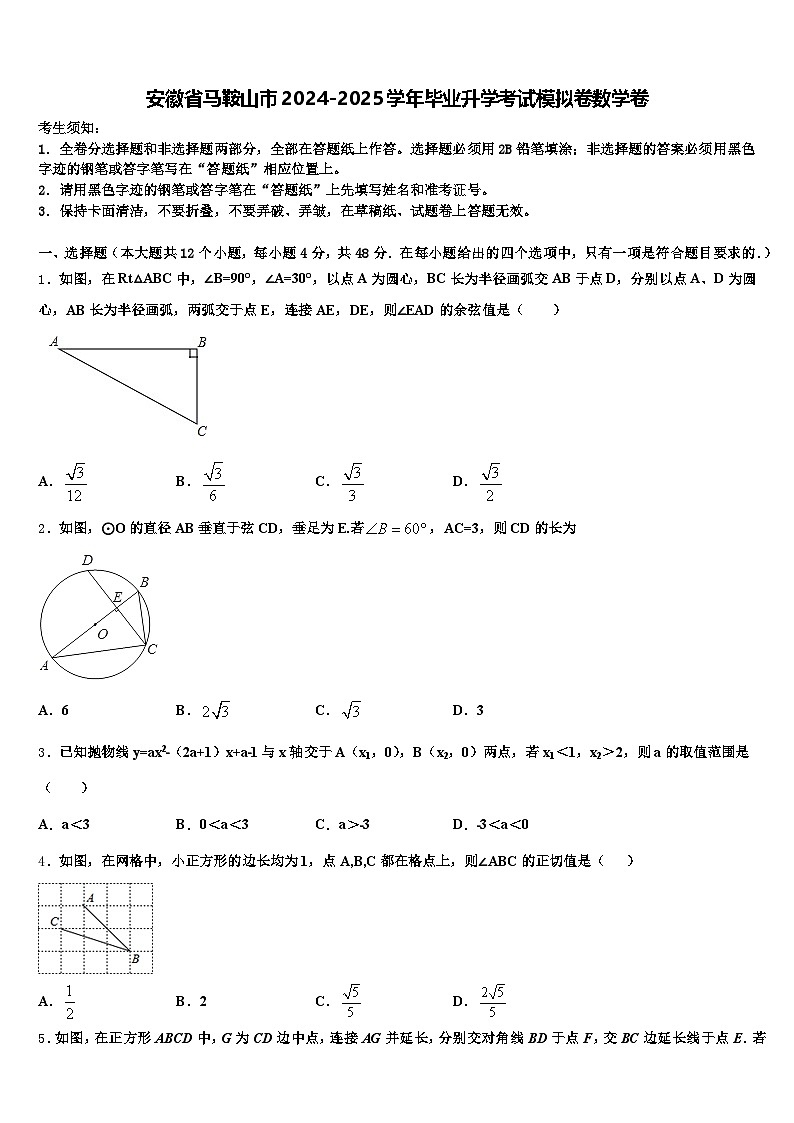 安徽省马鞍山市2024-2025学年毕业升学考试模拟卷数学卷含解析第1页