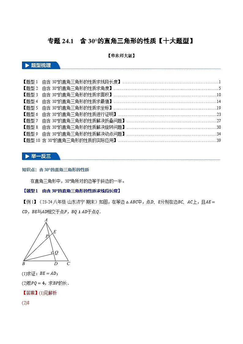 专题24.1 含30°的直角三角形的性质【十大题型】（华东师大版）（解析版）第1页