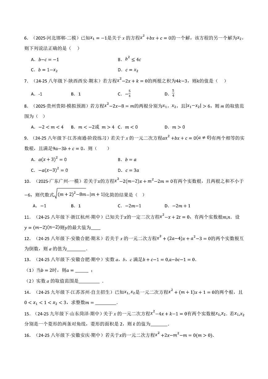 专题02 根与系数的关系关联根的判别式(40题)(专项训练)(原卷版)第2页