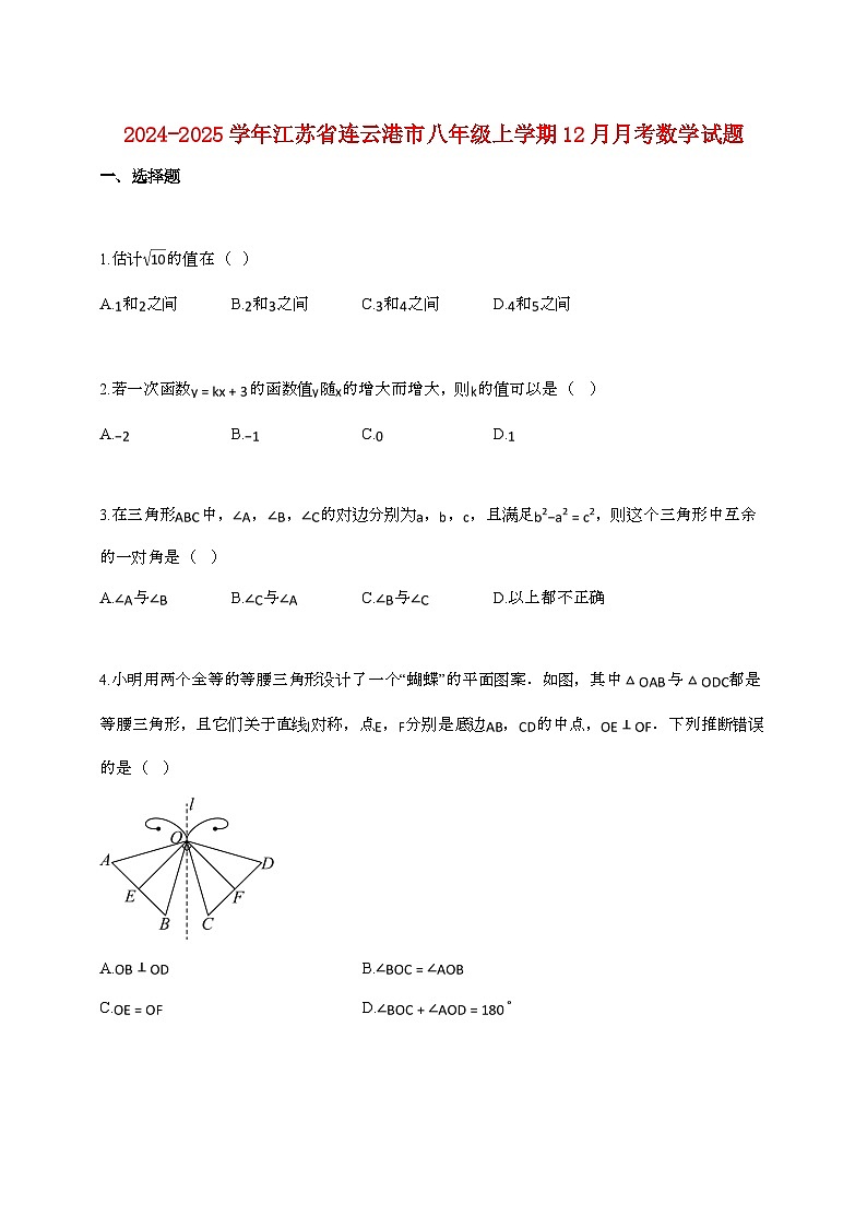 2024_2025学年江苏省连云港市八年级上册12月月考数学试卷[附答案]第1页