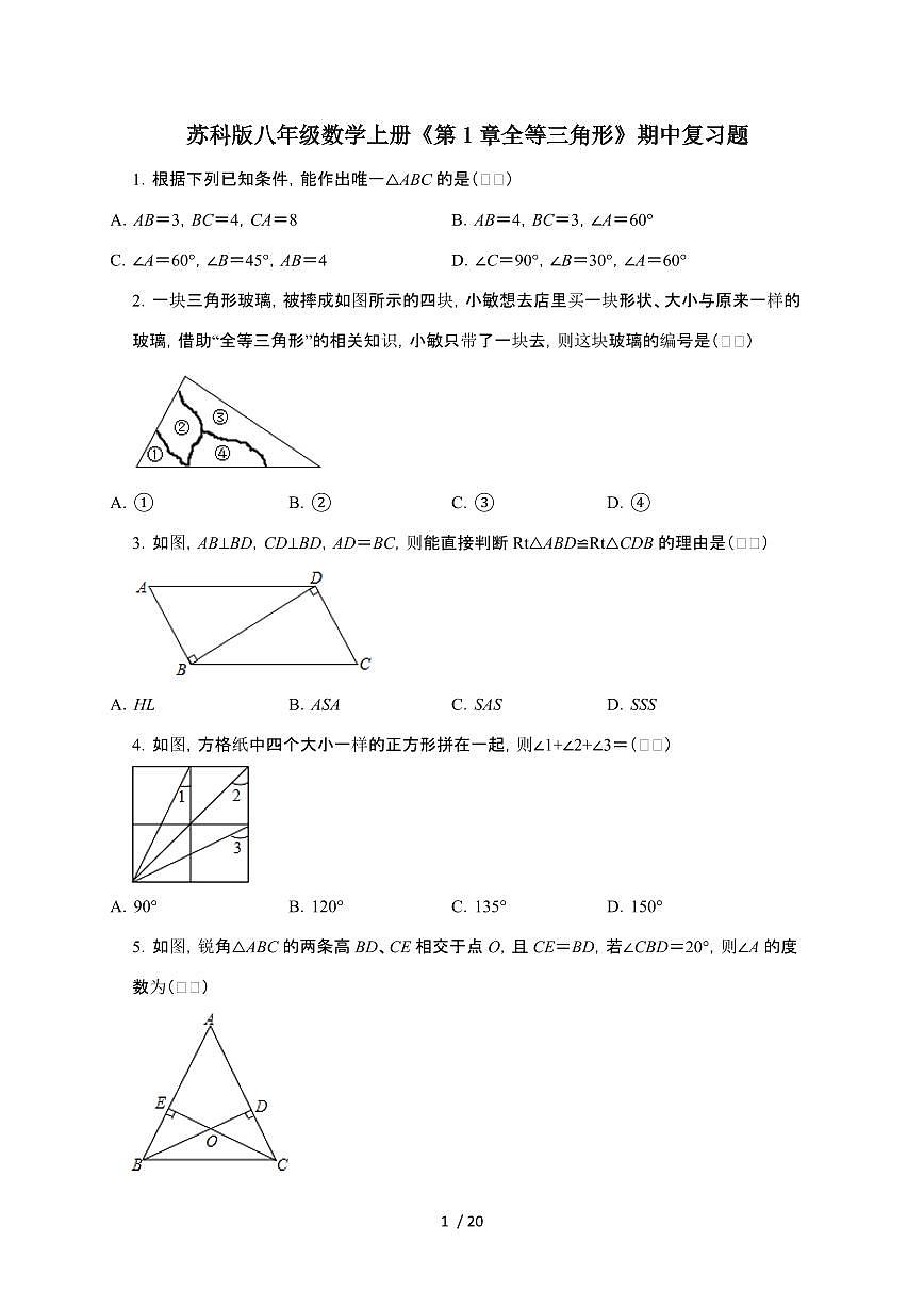 2024~2025学年（苏科版）八年级数学上学期期中复习题第1章（全等三角形）第1页