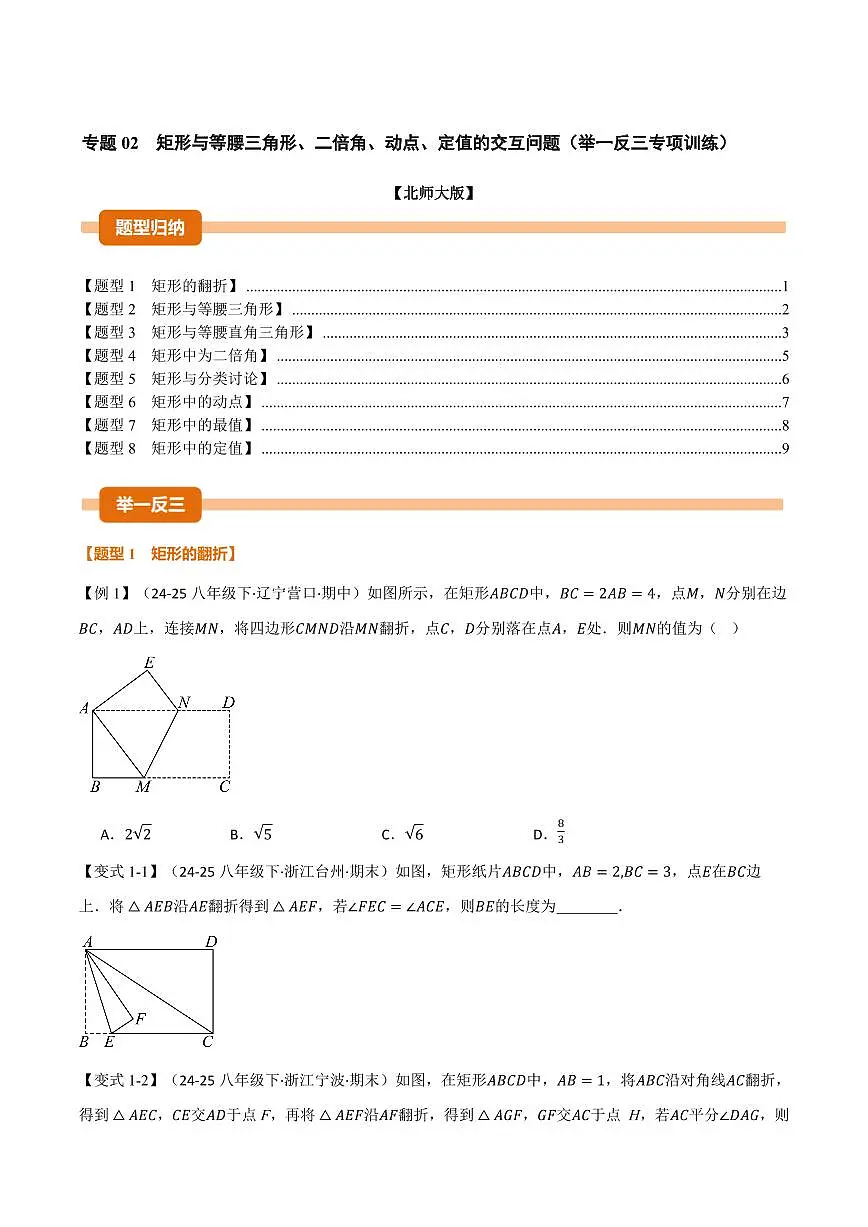 专题02 矩形与等腰三角形、二倍角、动点、定值的交互问题(专项训练)(原卷版)第1页