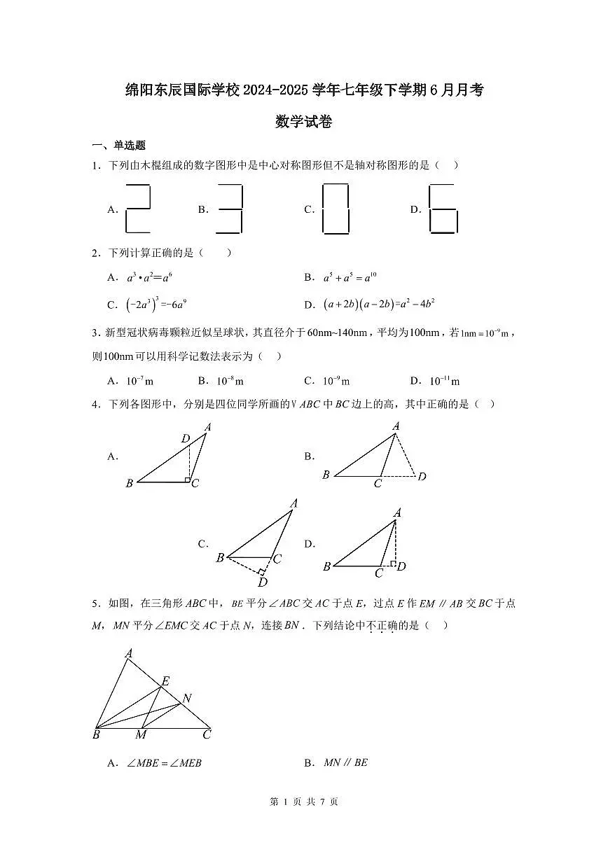 2024-2025学年度四川省绵阳市绵阳东辰学校七年级下学期6月月考数学试卷第1页