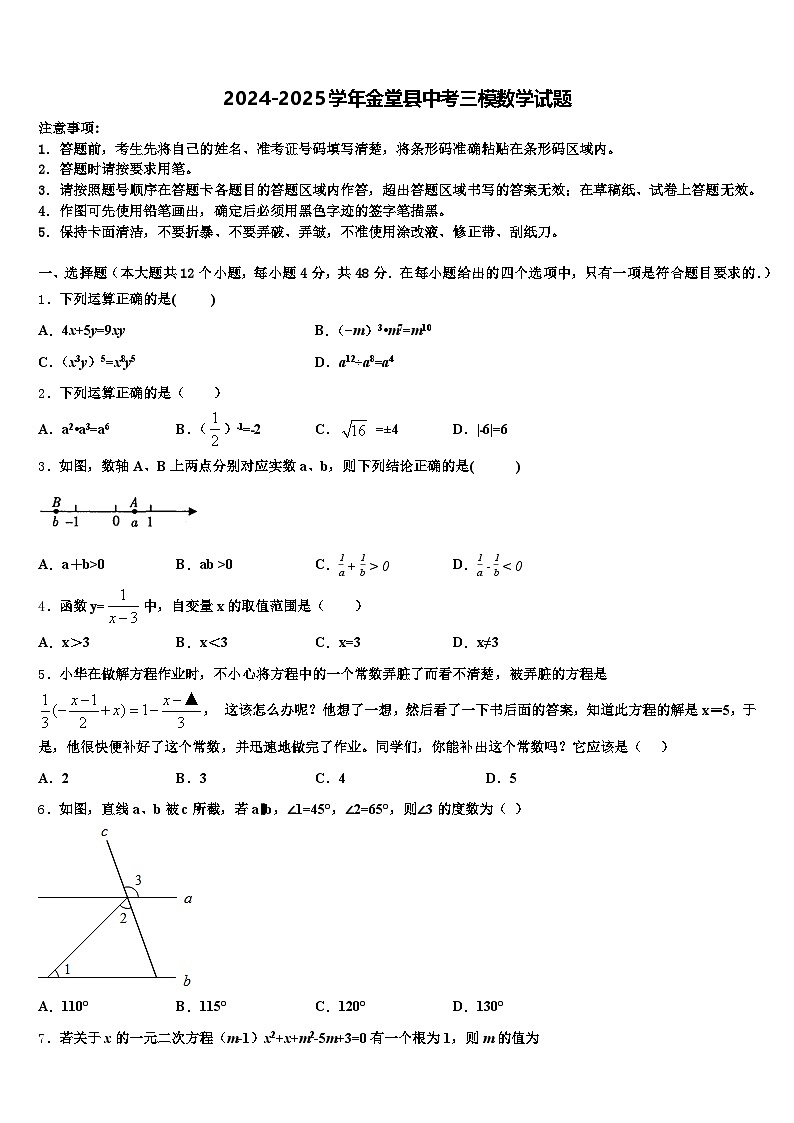 2024-2025学年金堂县中考三模数学试题含解析第1页