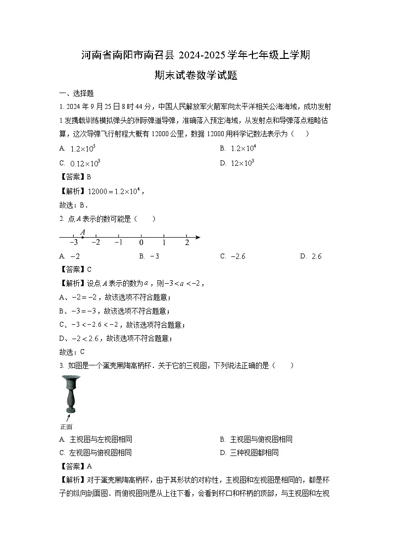 河南省南阳市南召县2024-2025学年七年级上学期期末数学试题（解析版）第1页