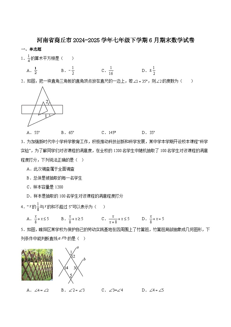 河南省商丘市2024-2025学年七年级下学期6月期末考试数学试卷(含解析)第1页