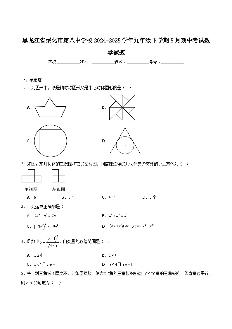 黑龙江省绥化市第八中学校2025届九年级下学期5月期中考试数学试卷(含解析)第1页