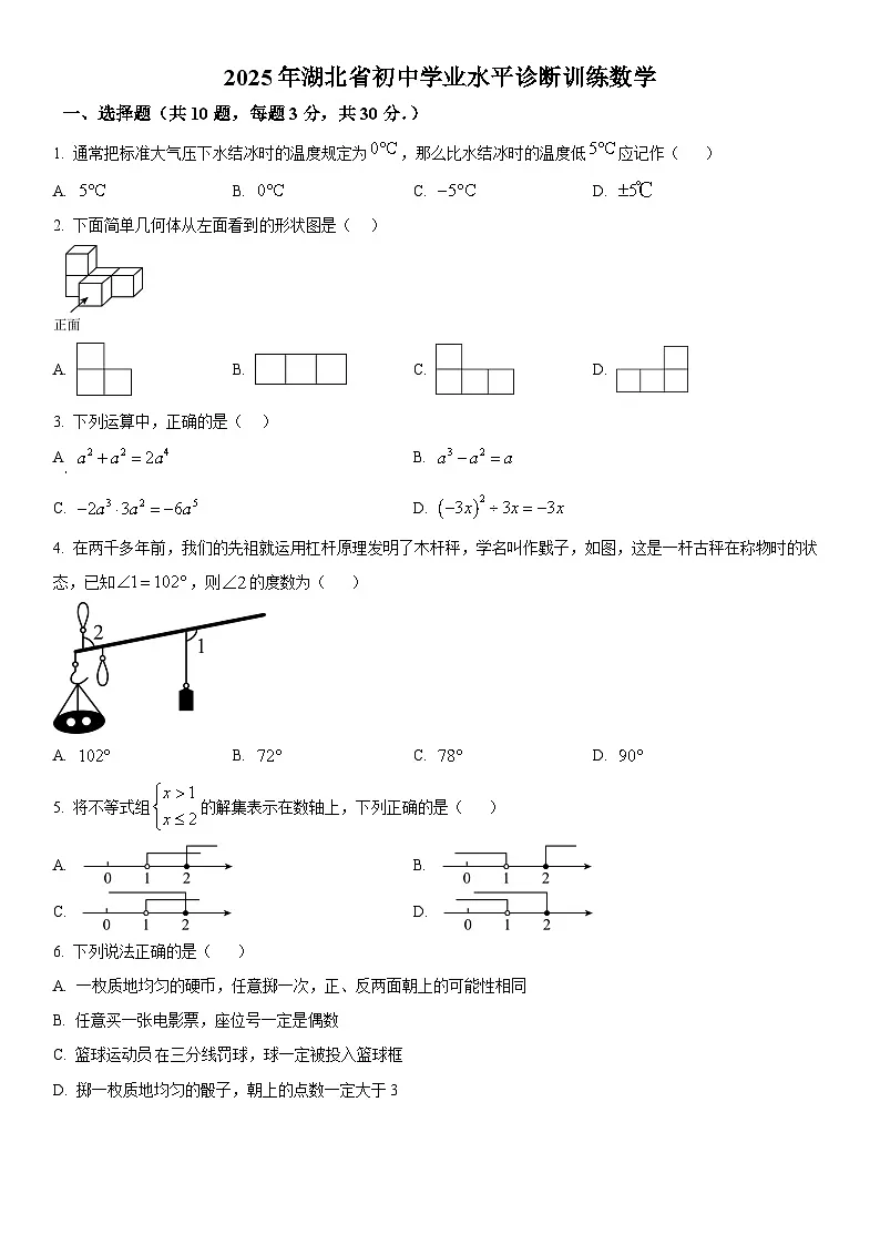 精品解析：2025年湖北省初中学业水平考试诊断训练数学试题（原卷版）第1页