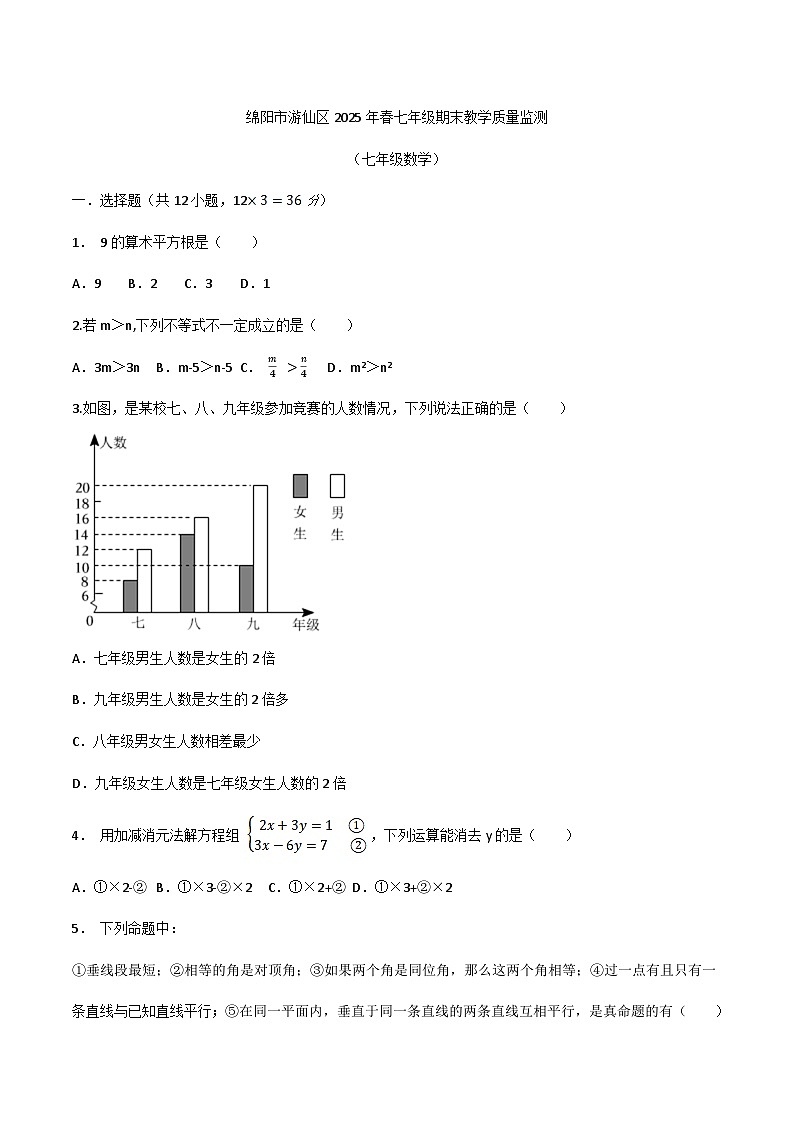 四川省绵阳市游仙区2024-2025学年七年级下学期6月期末考试数学试卷(含答案)第1页