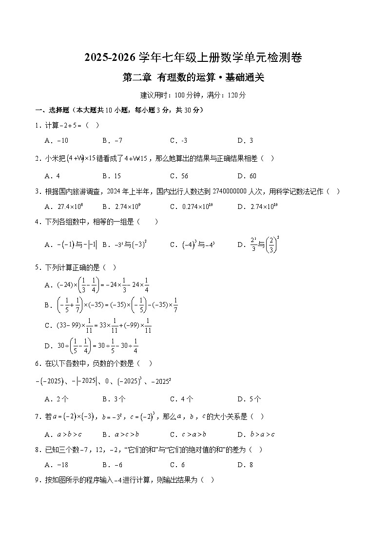 第二章 有理数的运算测试·基础卷（考试版A4）第1页