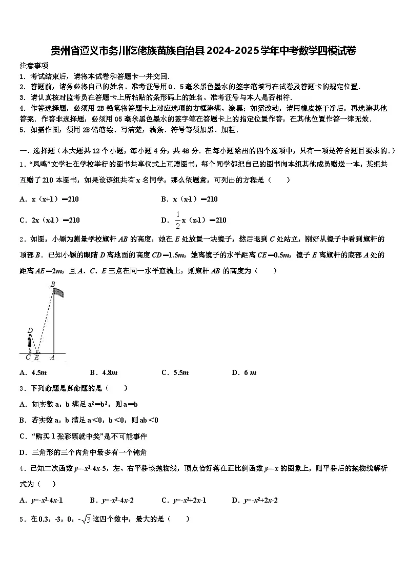 贵州省遵义市务川仡佬族苗族自治县2024-2025学年中考数学四模试卷含解析第1页