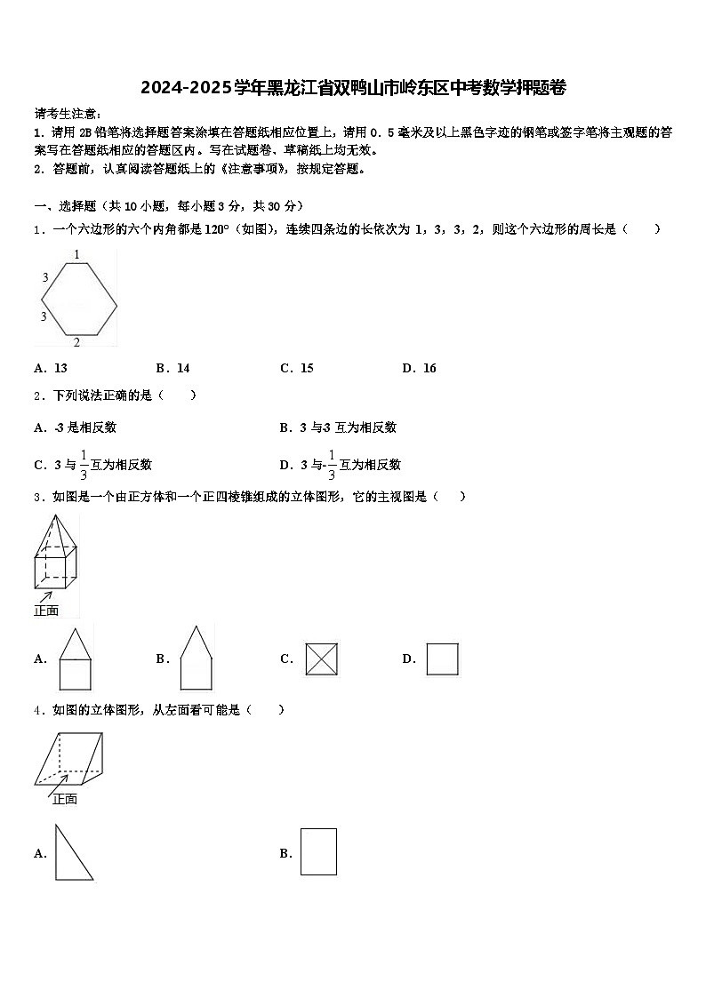 2024-2025学年黑龙江省双鸭山市岭东区中考数学押题卷含解析第1页