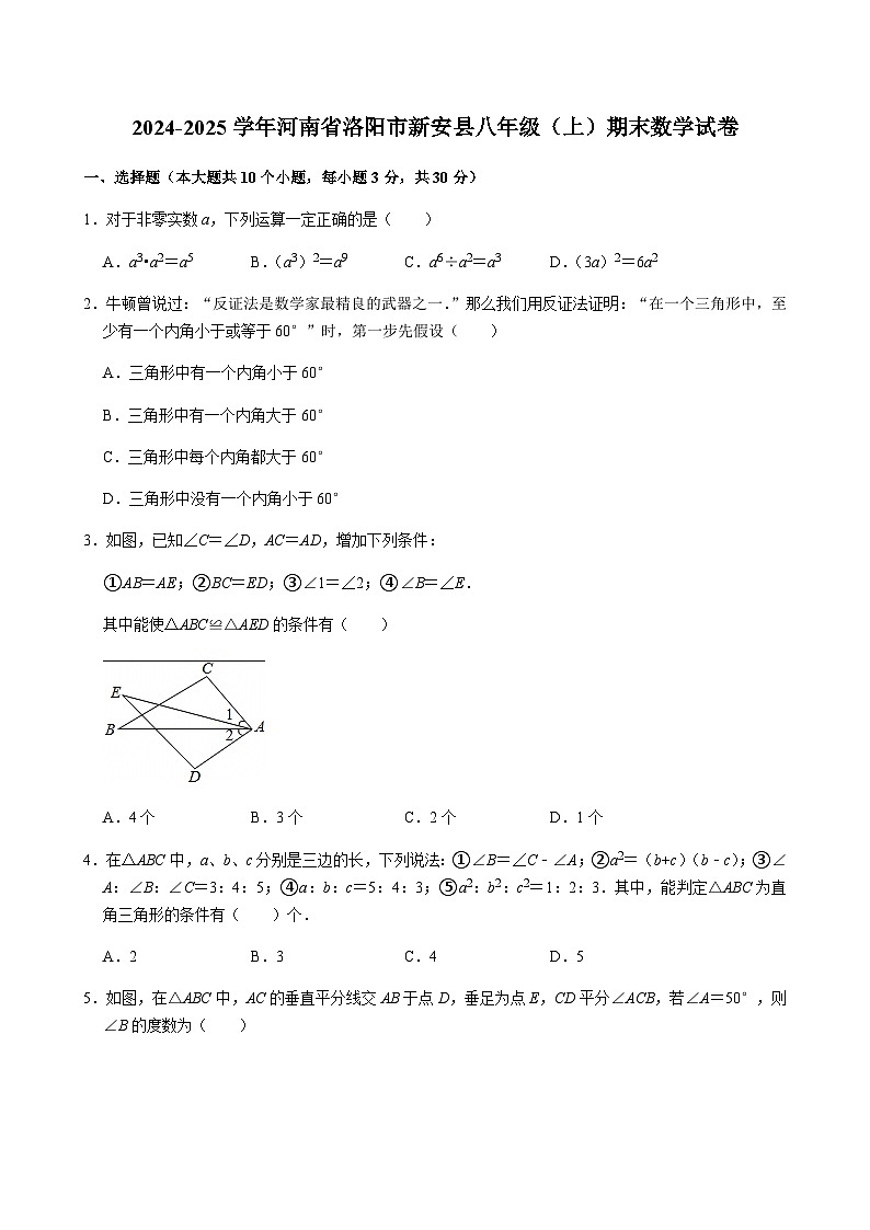 2024-2025学年河南省洛阳市新安县八年级（上）期末数学试卷含答案第1页