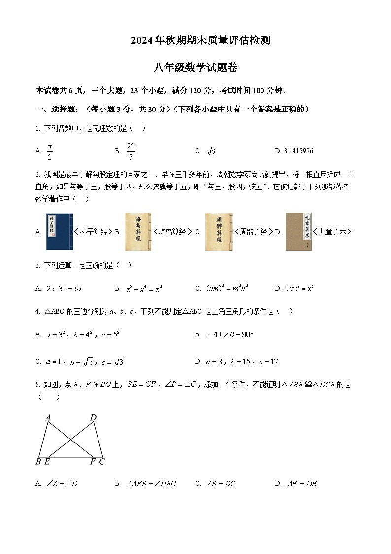 河南省南阳市宛城区2024-2025学年八年级上学期期末数学试题含答案第1页