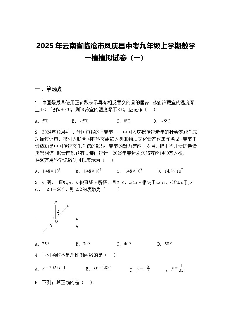 2025年云南省临沧市凤庆县中考九年级上学期数学一模模拟试卷（一）（含答案解析）第1页
