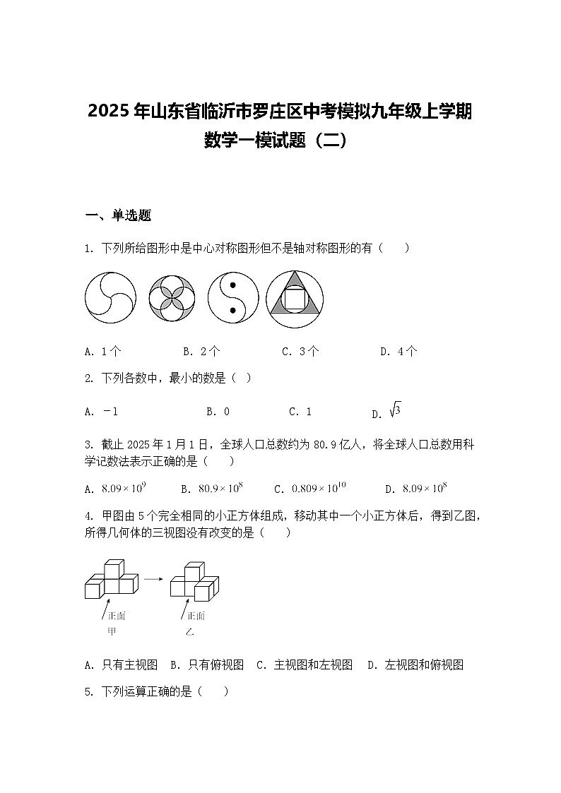 2025年山东省临沂市罗庄区中考模拟九年级上学期数学一模试题（二）（含答案解析）第1页