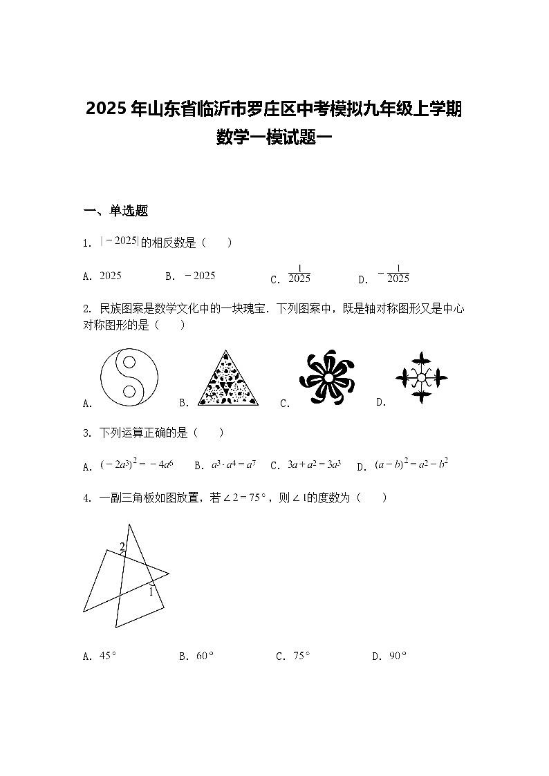 2025年山东省临沂市罗庄区中考模拟九年级上学期数学一模试题一（含答案解析）第1页