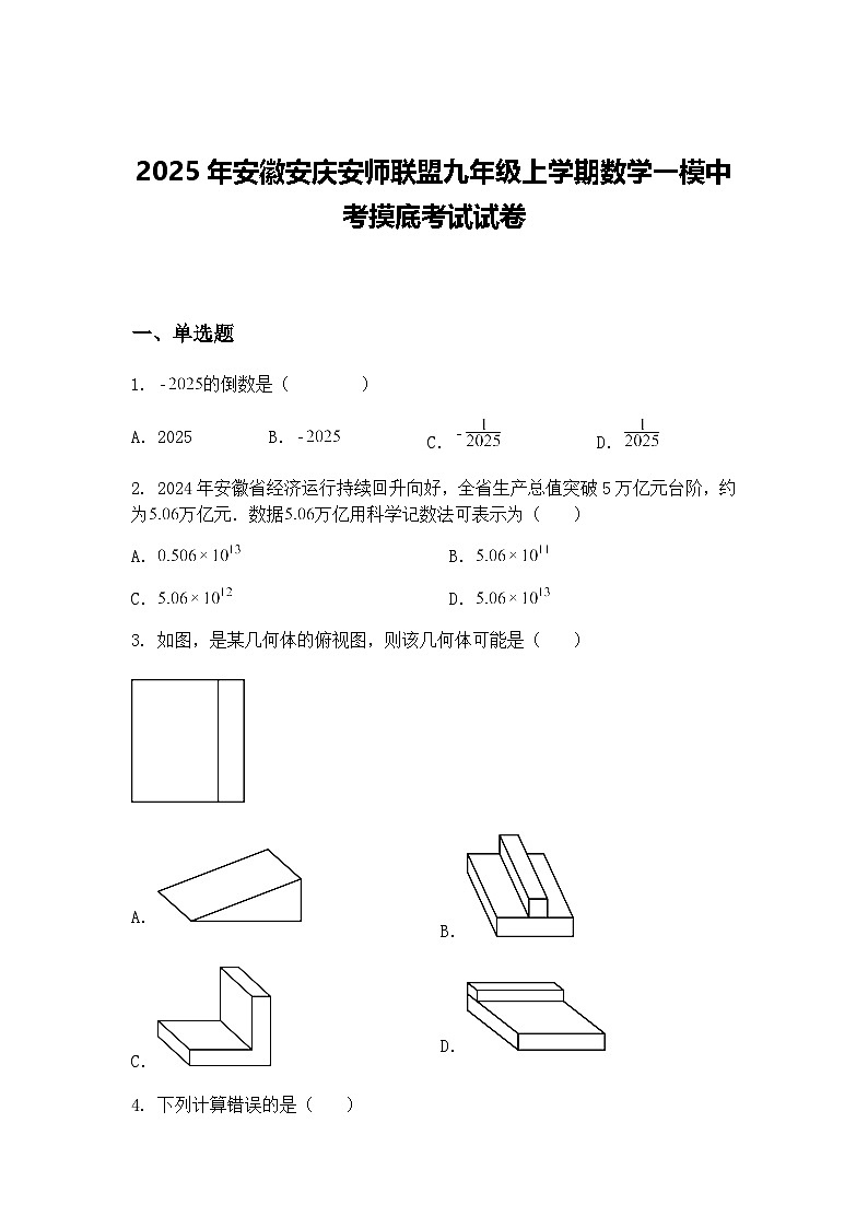 2025年安徽安庆安师联盟九年级上学期数学一模中考摸底考试试卷（含答案解析）第1页