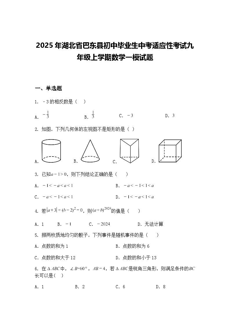 2025年湖北省巴东县初中毕业生中考适应性考试九年级上学期数学一模试题（含答案解析）第1页