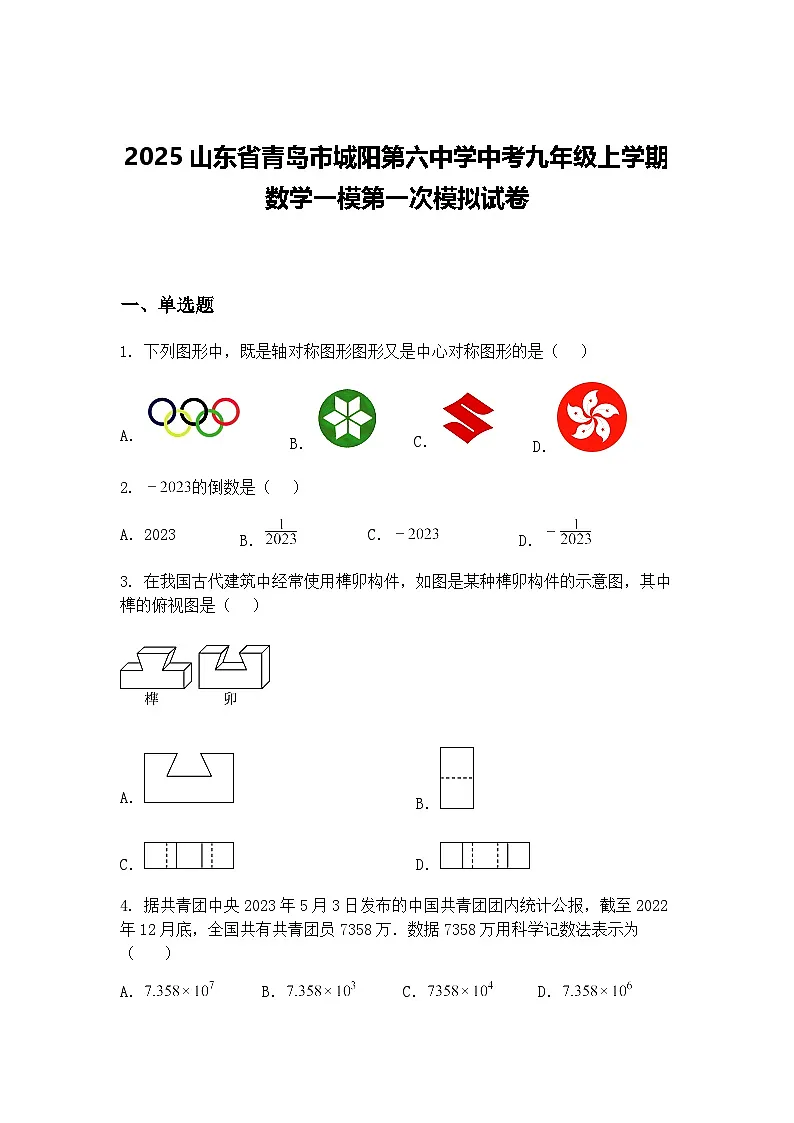 2025山东省青岛市城阳第六中学中考九年级上学期数学一模第一次模拟试卷（含答案解析）第1页