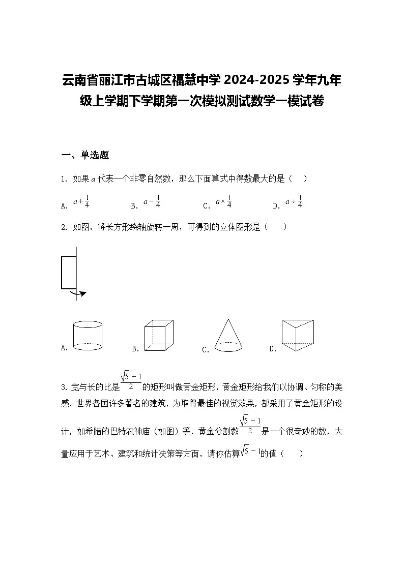 云南省丽江市古城区福慧中学2024-2025学年九年级上学期下学期第一次模拟测试数学一模试卷（含答案解析）第1页