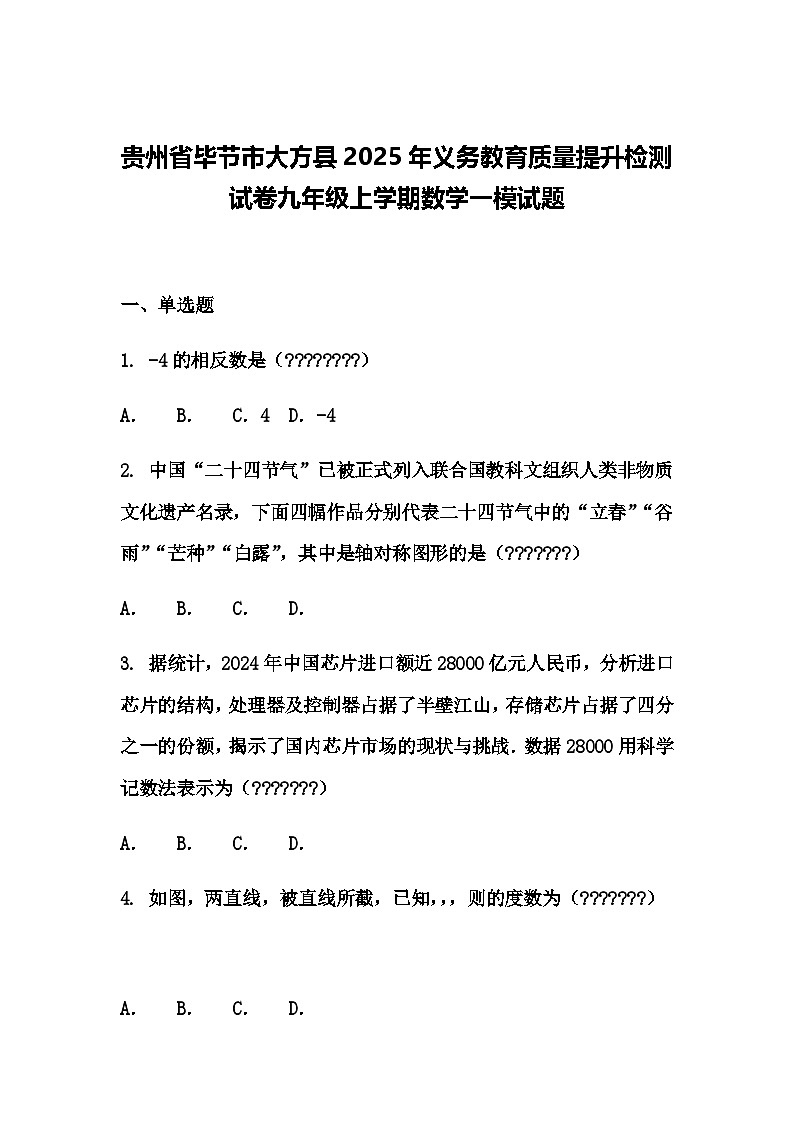 贵州省毕节市大方县2025年义务教育质量提升检测试卷九年级上学期数学一模试题（含答案解析）第1页