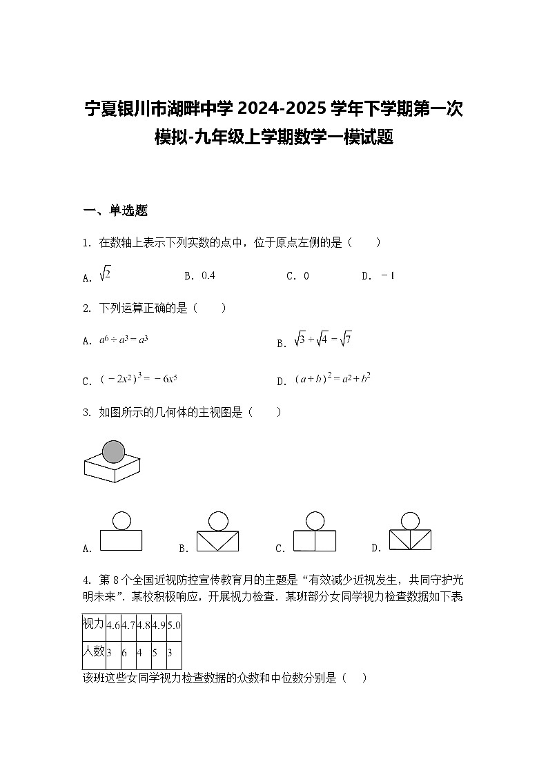 宁夏银川市湖畔中学2024-2025学年下学期第一次模拟-九年级上学期数学一模试题（含答案解析）第1页