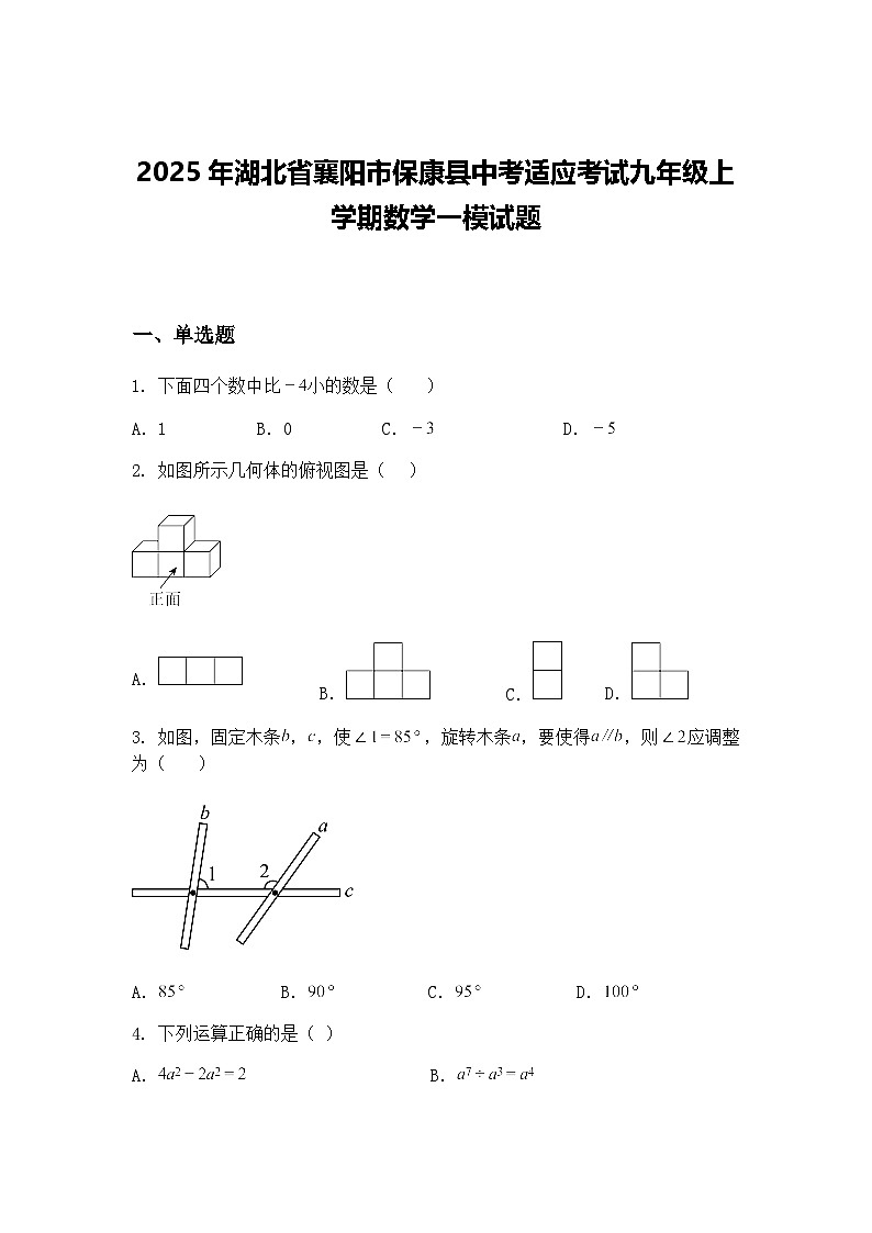 2025年湖北省襄阳市保康县中考适应考试九年级上学期数学一模试题（含答案解析）第1页