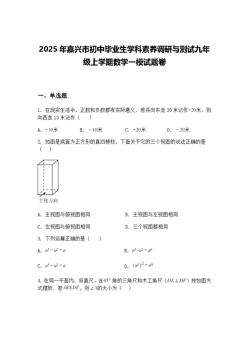 2025年嘉兴市初中毕业生学科素养调研与测试九年级上学期数学一模试题卷（含答案解析）第1页