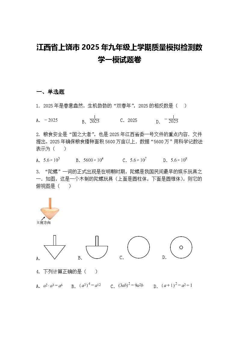 江西省上饶市2025年九年级上学期质量模拟检测数学一模试题卷（含答案解析）第1页