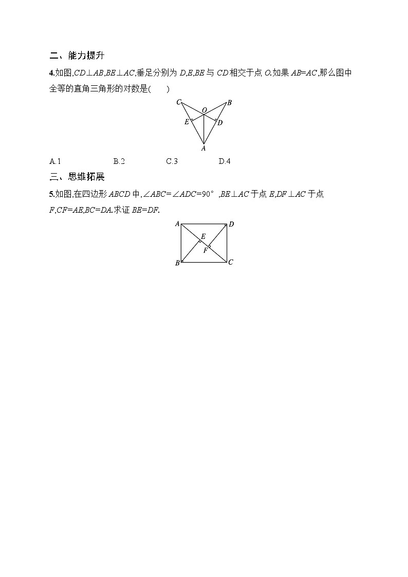 2025年人教版（2024）初中数学八年级上册14.2  第5课时　直角三角形全等的判定——HL课后知能演练（含答案）第2页