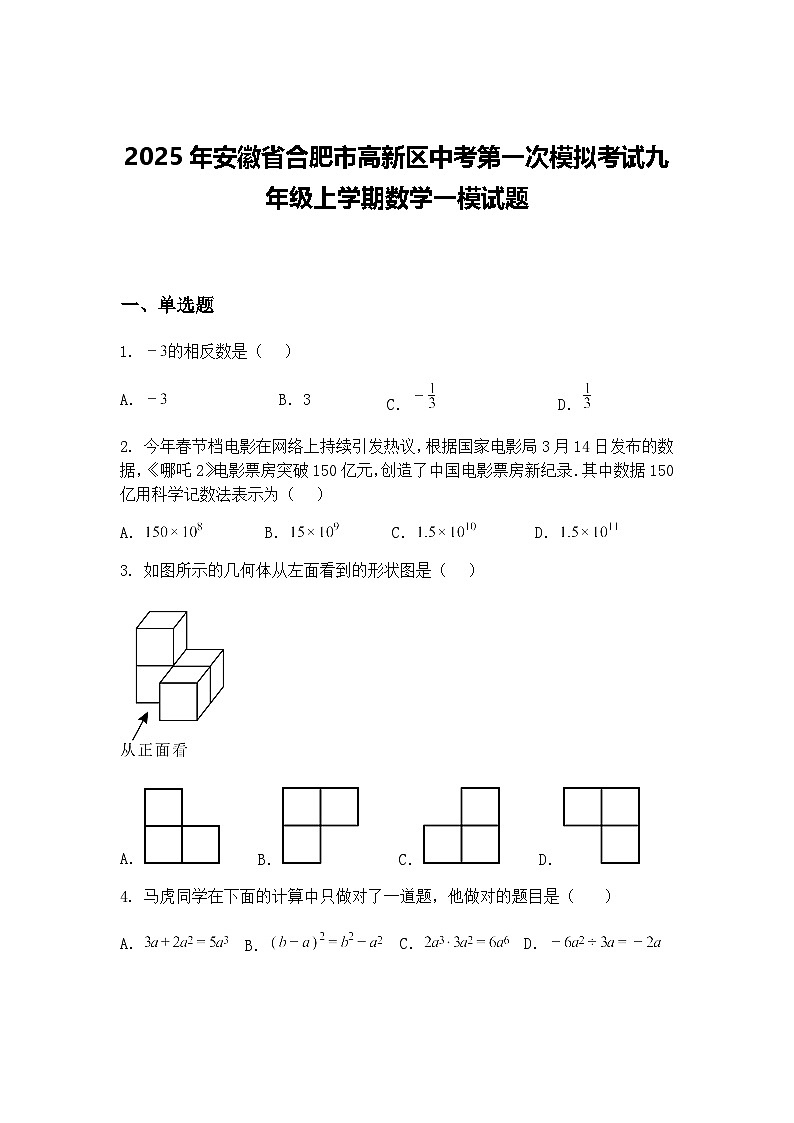 2025年安徽省合肥市高新区中考第一次模拟考试九年级上学期数学一模试题（含答案解析）第1页