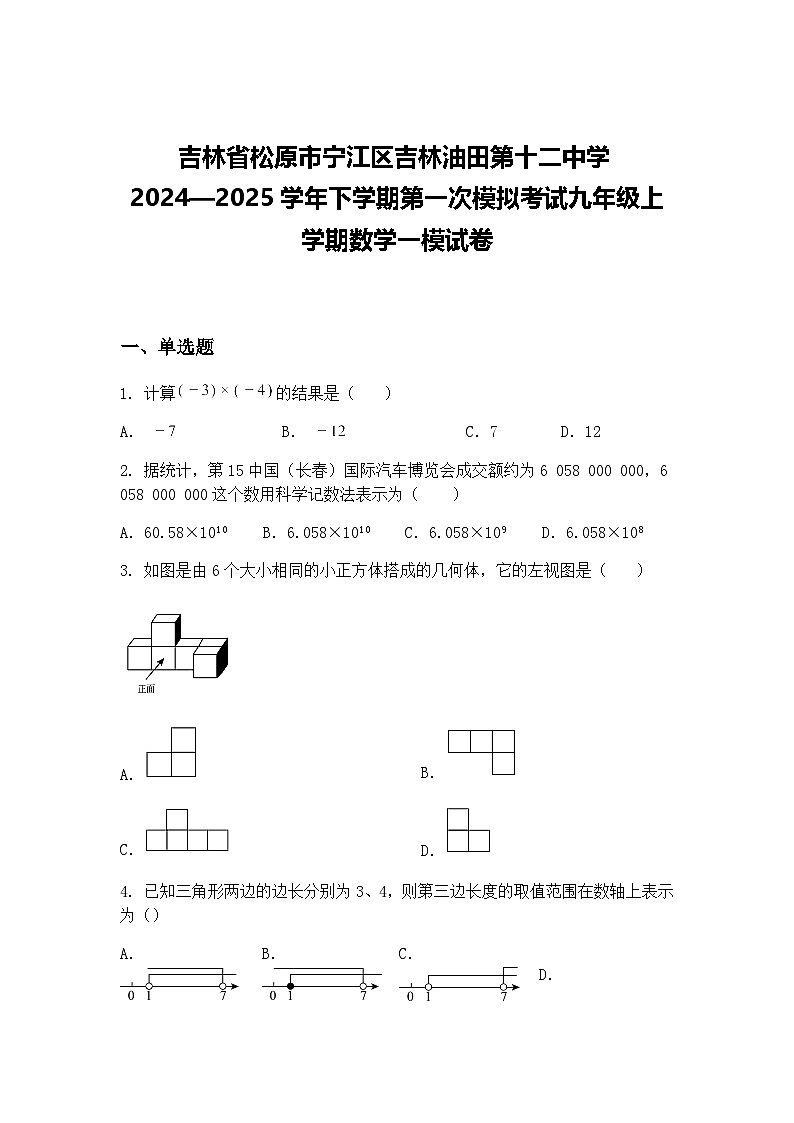 吉林省松原市宁江区吉林油田第十二中学2024—2025学年下学期第一次模拟考试九年级上学期数学一模试卷（含答案解析）第1页