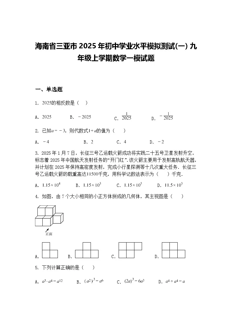 海南省三亚市2025年初中学业水平模拟测试(一）九年级上学期数学一模试题（含答案解析）第1页