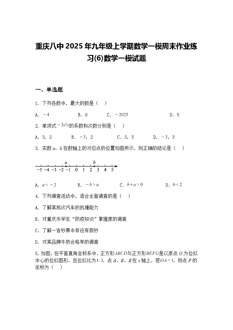 重庆八中2025年九年级上学期数学一模周末作业练习(6)数学一模试题（含答案解析）第1页