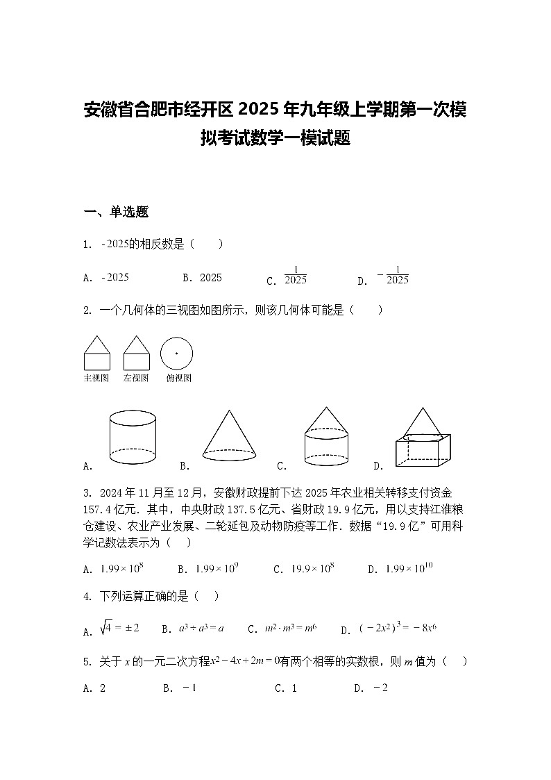 安徽省合肥市经开区2025年九年级上学期第一次模拟考试数学一模试题（含答案解析）第1页