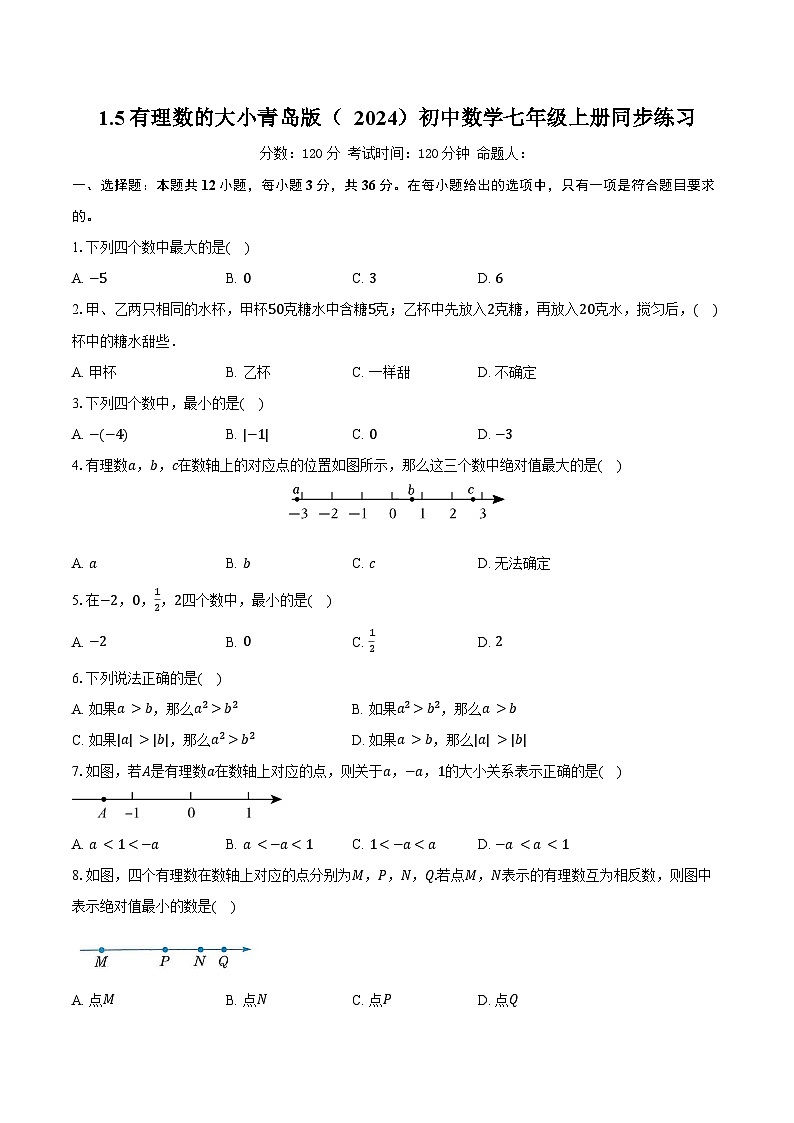 1.5有理数的大小  青岛版（2024）初中数学七年级上册同步练习（含详细答案解析）第1页