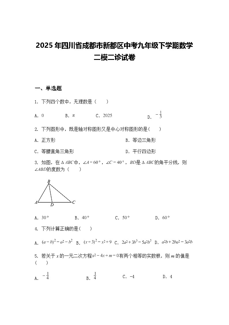 2025年四川省成都市新都区中考九年级下学期数学二模二诊试卷（含答案解析）第1页